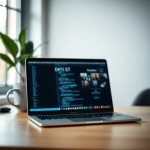 Ordinateur portable affichant une interface DeFi floue sur un bureau