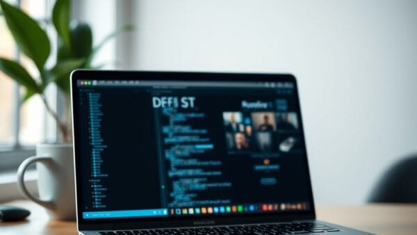 Ordinateur portable affichant une interface DeFi floue sur un bureau