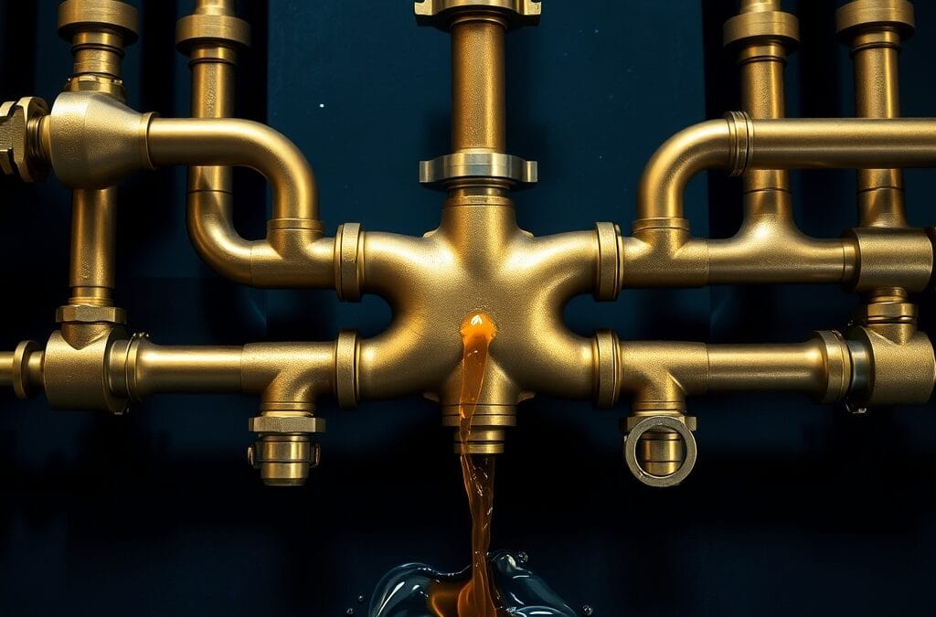 Douze tuyaux en laiton convergeant vers un collecteur central avec liquide ambre