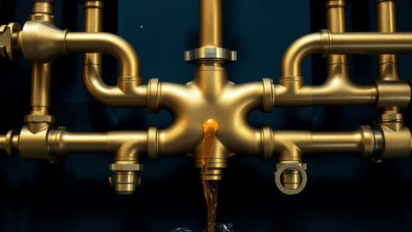 Douze tuyaux en laiton convergeant vers un collecteur central avec liquide ambre