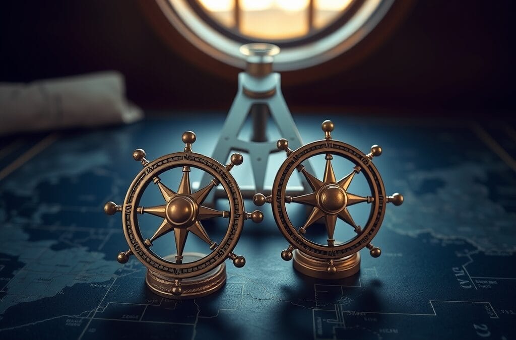 Deux roses des vents en laiton sur une table de cartes nautiques avec sextant