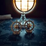 Deux roses des vents en laiton sur une table de cartes nautiques avec sextant