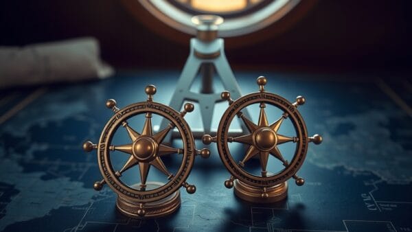Deux roses des vents en laiton sur une table de cartes nautiques avec sextant