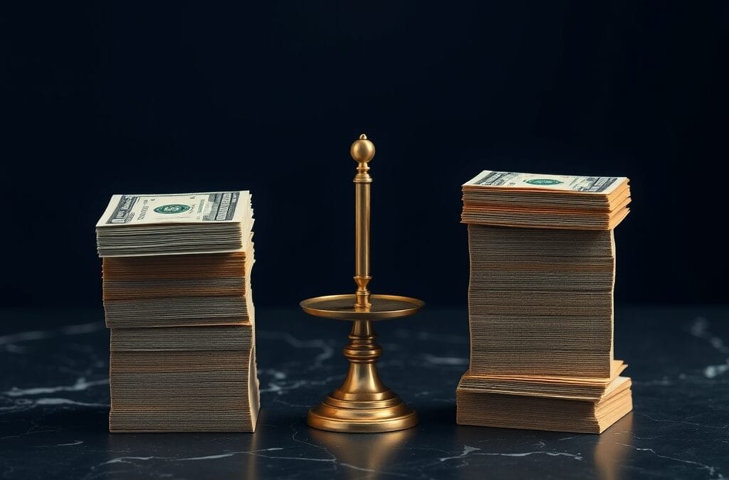 Deux piles de billets sur marbre sombre avec balance en laiton entre les deux