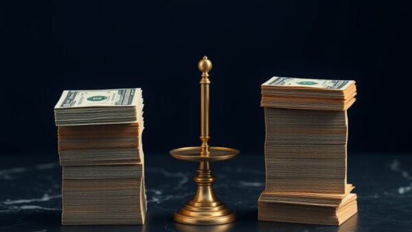 Deux piles de billets sur marbre sombre avec balance en laiton entre les deux