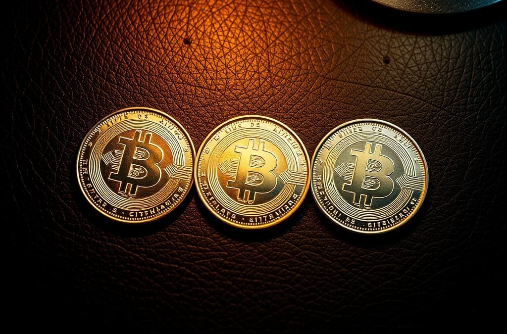 Trois pièces argentées en triangle sur cuir sombre avec finitions différentes