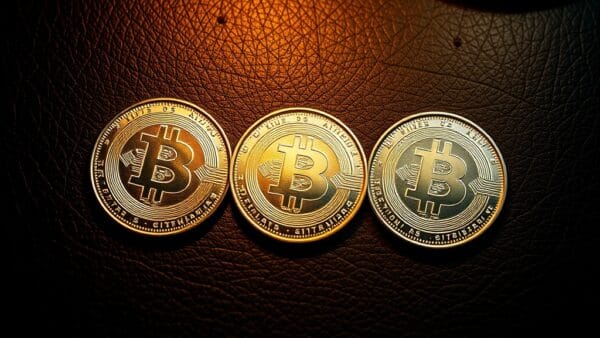 Trois pièces argentées en triangle sur cuir sombre avec finitions différentes