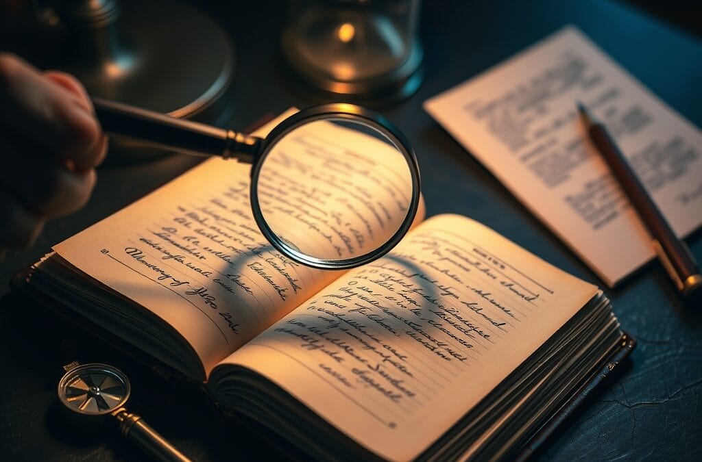 Loupe au-dessus d un grand livre ouvert avec compas en laiton sur bureau en ardoise