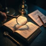 Loupe au-dessus d un grand livre ouvert avec compas en laiton sur bureau en ardoise