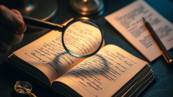 Loupe au-dessus d un grand livre ouvert avec compas en laiton sur bureau en ardoise