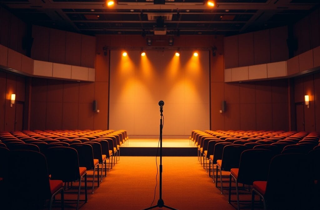 Salle de conference vide avec chaises pliees et un microphone solitaire sur scene