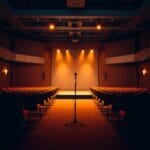 Salle de conference vide avec chaises pliees et un microphone solitaire sur scene