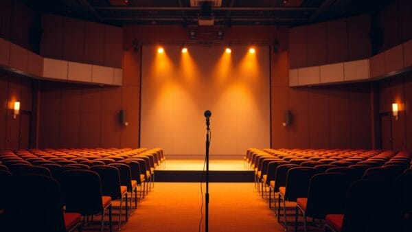 Salle de conference vide avec chaises pliees et un microphone solitaire sur scene