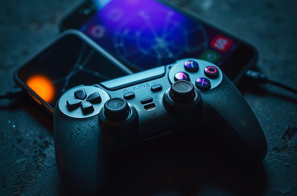 Manette de jeu poussiéreuse posée sur une surface en béton sombre.