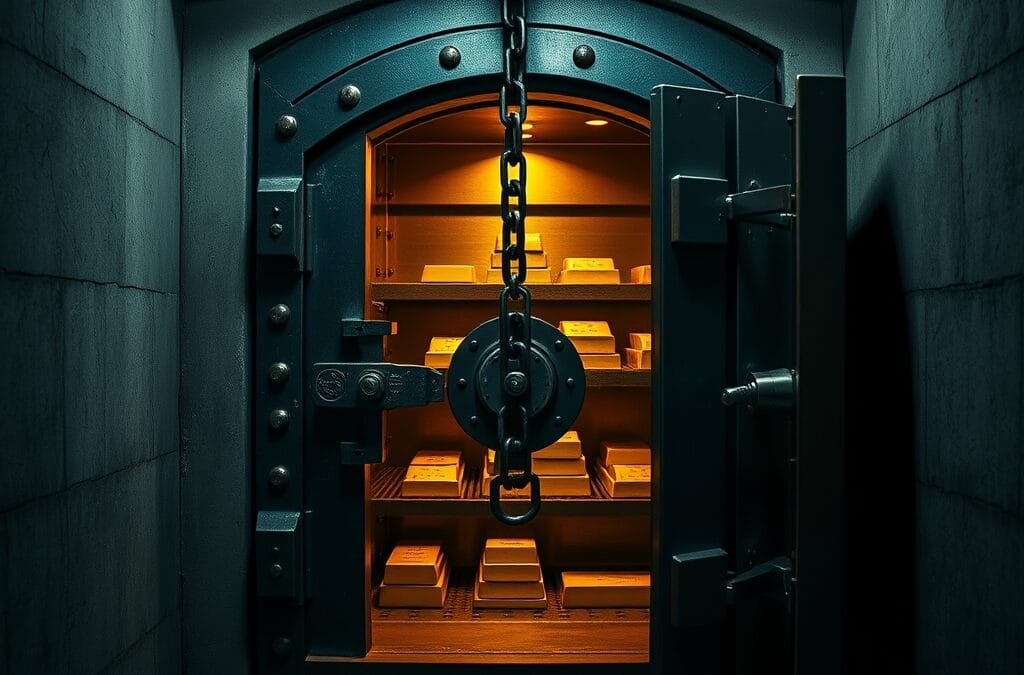 Porte de coffre-fort en fer entrouverte dans un caveau sombre avec lingots d or visibles