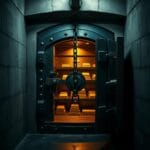 Porte de coffre-fort en fer entrouverte dans un caveau sombre avec lingots d or visibles