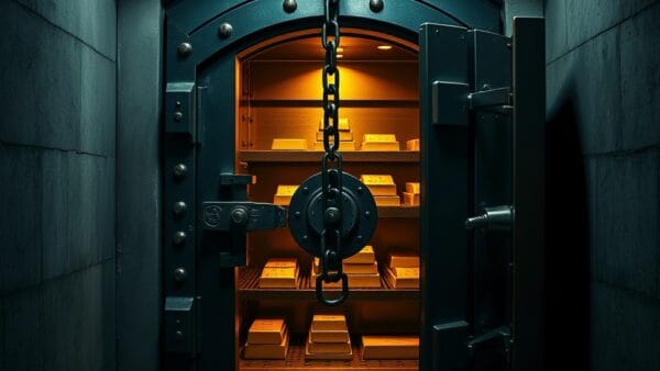 Porte de coffre-fort en fer entrouverte dans un caveau sombre avec lingots d or visibles
