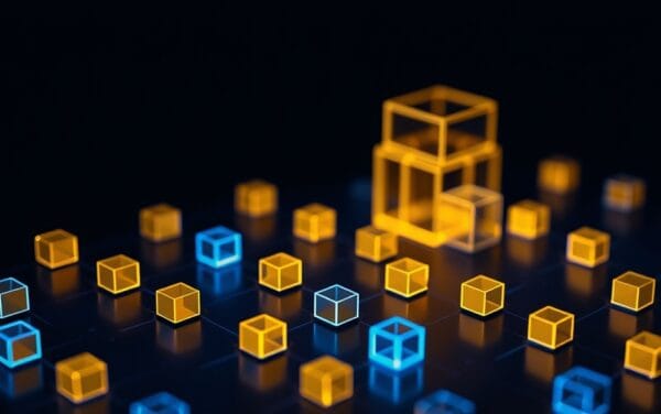 Visualisation abstraite d'une architecture financière décentralisée en cubes lumineux