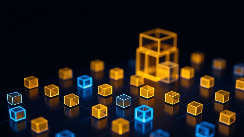 Visualisation abstraite d'une architecture financière décentralisée en cubes lumineux