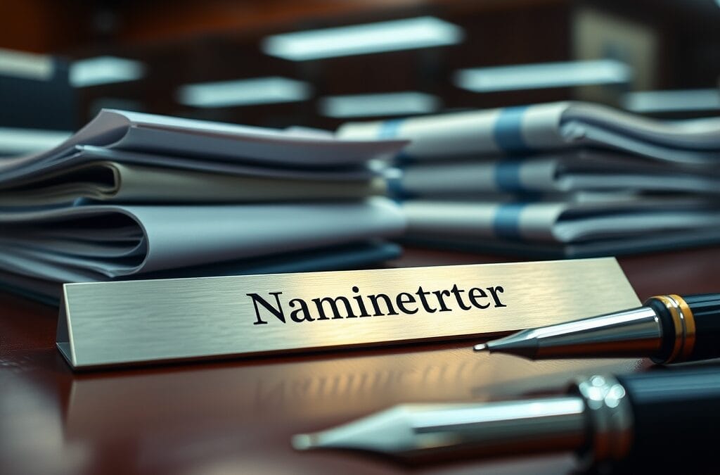 Plaque en acier brossé sur un bureau en bois sombre à côté de rapports financiers.