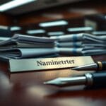 Plaque en acier brossé sur un bureau en bois sombre à côté de rapports financiers.