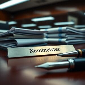 Plaque en acier brossé sur un bureau en bois sombre à côté de rapports financiers.