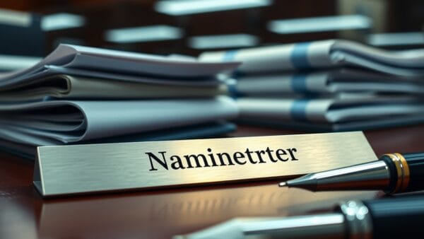 Plaque en acier brossé sur un bureau en bois sombre à côté de rapports financiers.