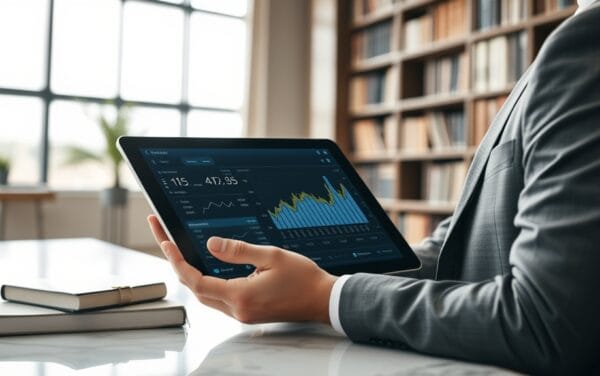 Investisseur institutionnel consultant un tableau de bord de portefeuille sur tablette