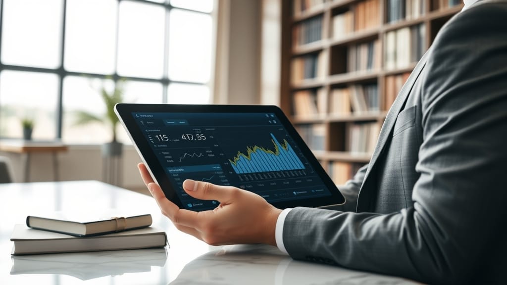 Investisseur institutionnel consultant un tableau de bord de portefeuille sur tablette