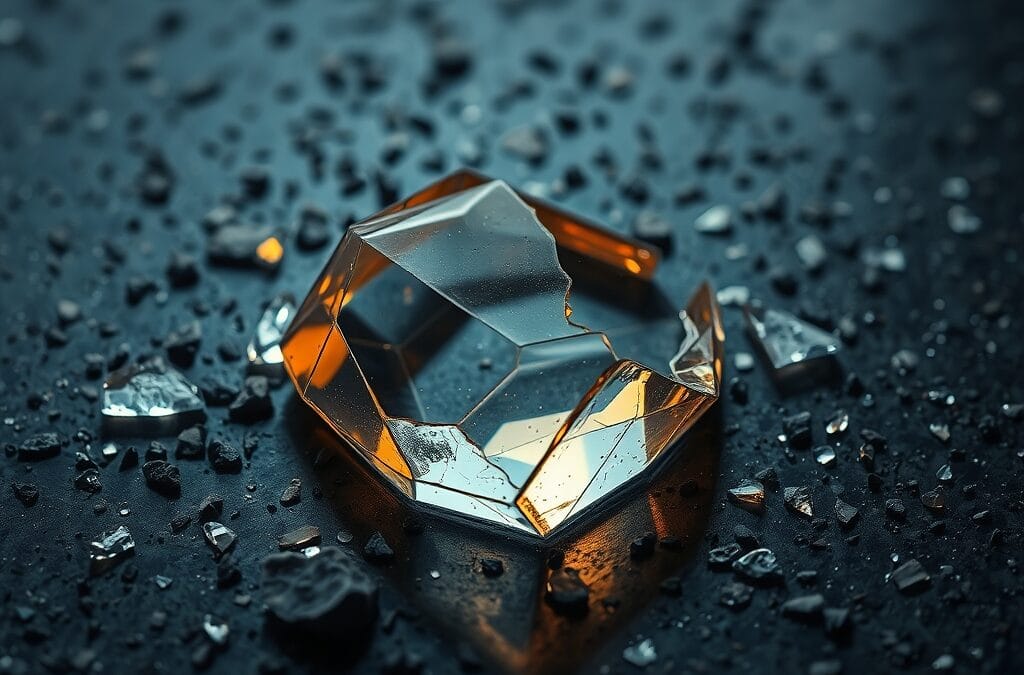 Prisme en verre brise sur granite sombre avec lumiere refractee en ambre et bleu marine