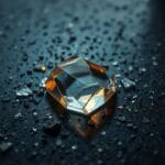 Prisme en verre brise sur granite sombre avec lumiere refractee en ambre et bleu marine