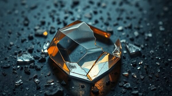 Prisme en verre brise sur granite sombre avec lumiere refractee en ambre et bleu marine