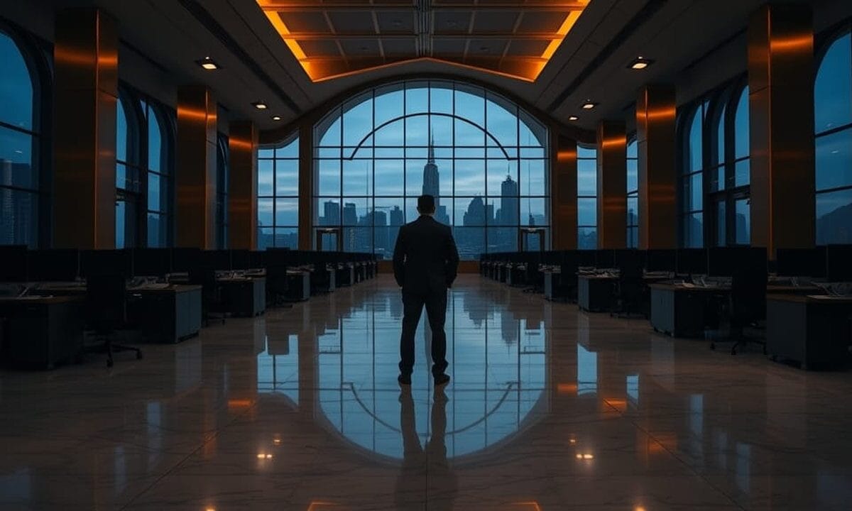 Salle des marchés institutionnelle vide au crépuscule, silhouette d'analyste de dos, ambiance navy et reflets dorés.