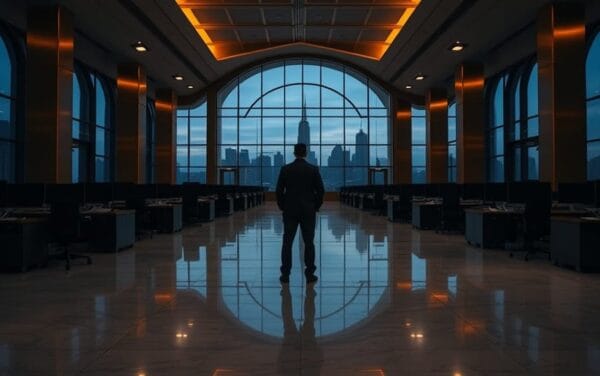 Salle des marchés institutionnelle vide au crépuscule, silhouette d'analyste de dos, ambiance navy et reflets dorés.