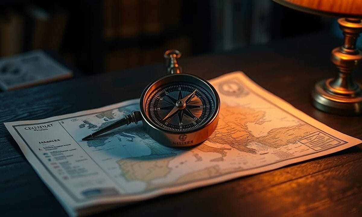 Boussole en cuivre brossé posée sur une carte papier de l'Europe, éclairée par une lampe ambrée sur un bureau en bois sombre.