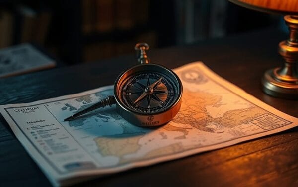Boussole en cuivre brossé posée sur une carte papier de l'Europe, éclairée par une lampe ambrée sur un bureau en bois sombre.