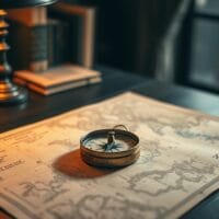 Boussole en laiton posée sur une carte ancienne dans un bureau sombre éclairé d'ambre.