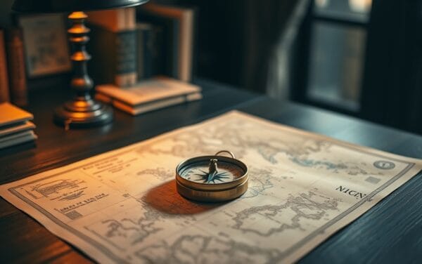 Boussole en laiton posée sur une carte ancienne dans un bureau sombre éclairé d'ambre.