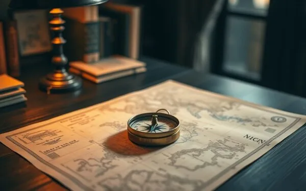 Boussole en laiton posée sur une carte ancienne dans un bureau sombre éclairé d'ambre.