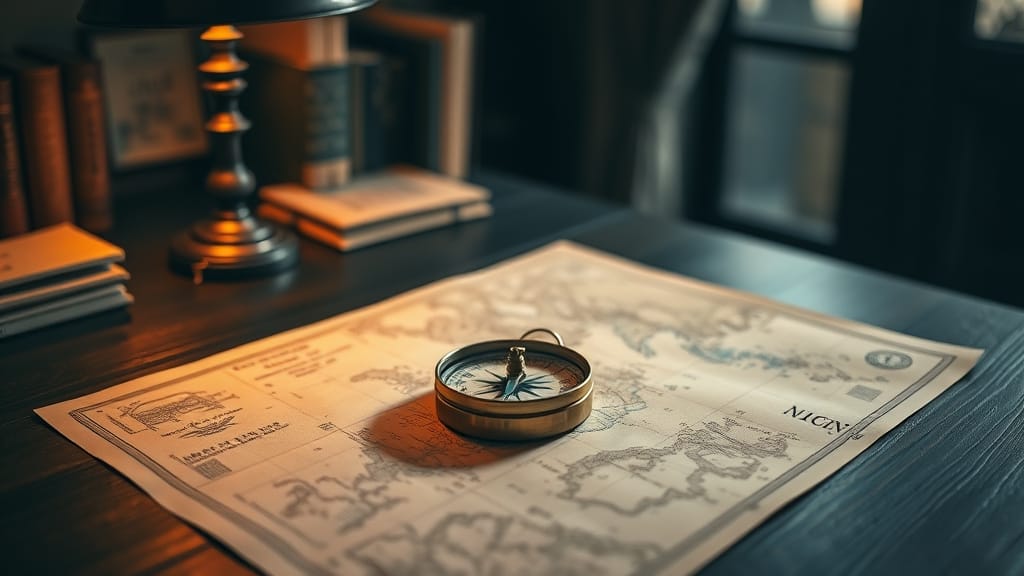 Arnaques XRP : 7 réflexes contre les faux giveaways Ripple 1 Boussole en laiton posée sur une carte ancienne dans un bureau sombre éclairé d'ambre.