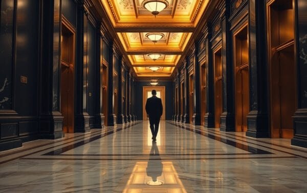 Couloir intérieur d'une grande banque, marbre poli et lumière ambrée, silhouette d'un employé en plan large.