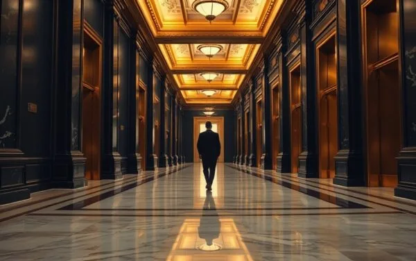 Couloir intérieur d'une grande banque, marbre poli et lumière ambrée, silhouette d'un employé en plan large.