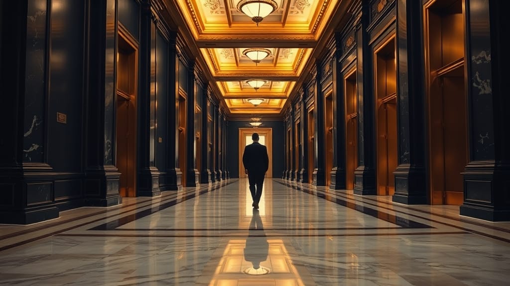 Bank of America : 53 M$ en ETF crypto, dont 37 M$ sur IBIT 1 Couloir intérieur d'une grande banque, marbre poli et lumière ambrée, silhouette d'un employé en plan large.