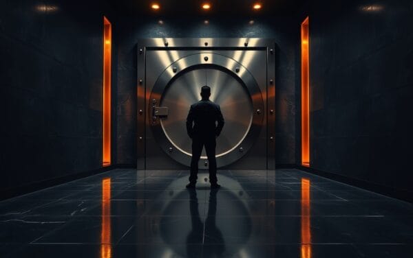 Porte de chambre forte entrouverte dans un couloir bancaire institutionnel, silhouette d'analyste de dos au loin.