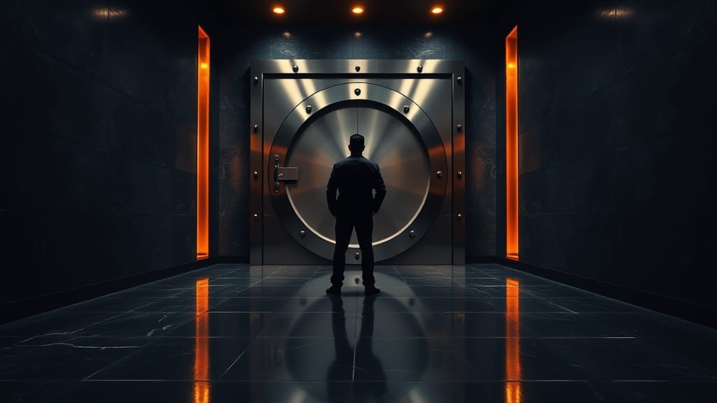 Bank of America bascule son portefeuille crypto vers Bitcoin : 70 % sur IBIT 1 Porte de chambre forte entrouverte dans un couloir bancaire institutionnel, silhouette d'analyste de dos au loin.