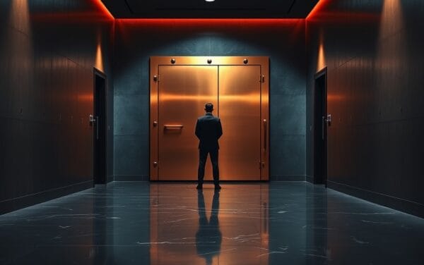 Couloir institutionnel sombre avec porte de coffre cuivrée entrouverte, silhouette d'analyste de dos au loin, lumière ambrée.
