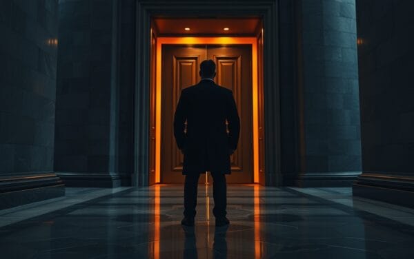 Couloir de marbre d'une banque centrale avec porte de bronze entrouverte et silhouette d'officiel à distance.
