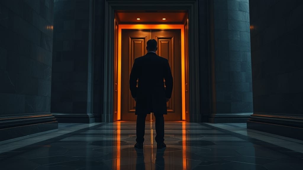 Couloir de marbre d'une banque centrale avec porte de bronze entrouverte et silhouette d'officiel à distance.