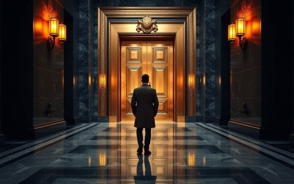 Couloir institutionnel sombre d'une banque centrale européenne avec une silhouette de dos devant une porte en bronze massive.