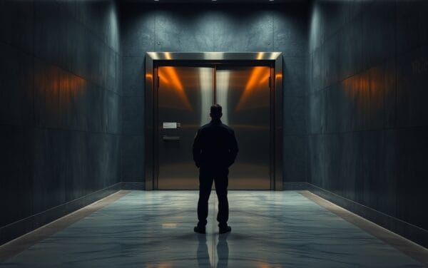 Porte de coffre-fort en acier brossé entrouverte dans un long couloir institutionnel sombre éclairé par une lumière ambrée.